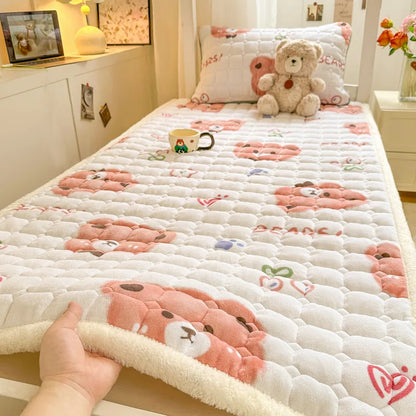 Cartoon Printed Warm Bed Mattress Super Soft Cozy Milk Velvet Single Bedding Protector Thick Tatami Mats for Autumn and Winter
