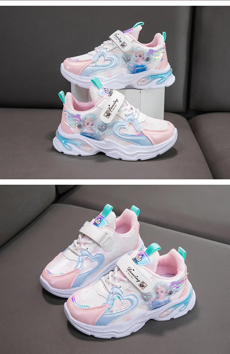 Disney Girls' Casual Shoes Frozen Priness Elsa Sneakers Mesh Leather White Breathable Sole Children's Sport Shoes Size 26-37