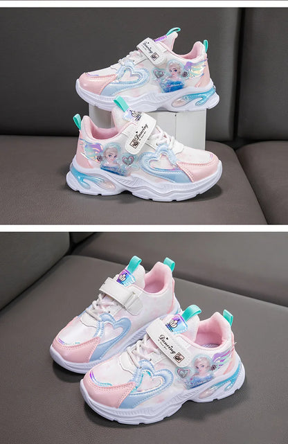 Disney Girls' Casual Shoes Frozen Priness Elsa Sneakers Mesh Leather White Breathable Sole Children's Sport Shoes Size 26-37