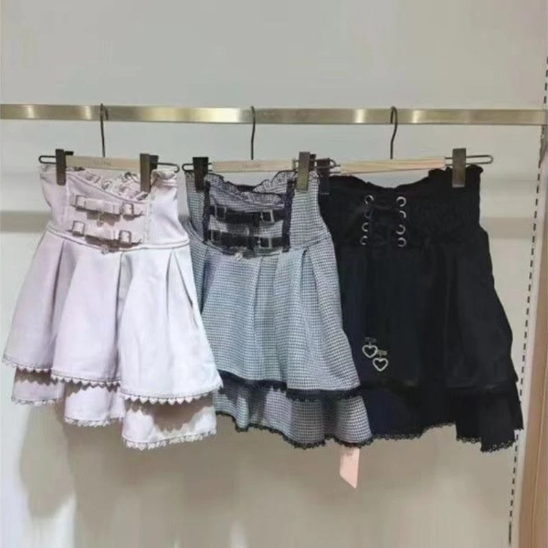 Sweet Lolita Jirai Kei High Waist Skort - Double Bow Buckle Short Skirt for Women Japanese Y2K Kawaii Fashion Summer Casual.