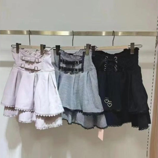 Sweet Lolita Jirai Kei High Waist Skort - Double Bow Buckle Short Skirt for Women Japanese Y2K Kawaii Fashion Summer Casual.