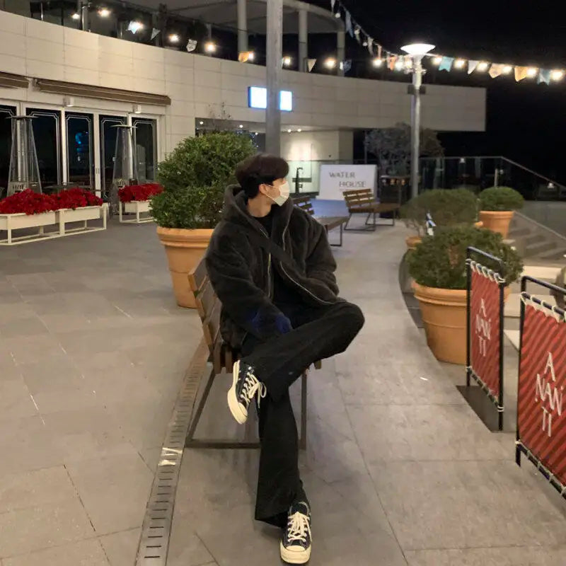 Winter faux lamb wool jacket men's padded thickened cotton clothing loose fleece jacket cotton clothing.