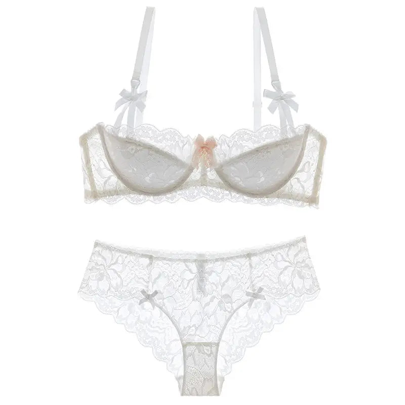 French Coquette Lace Bra Set Bow Straps Minimizer Large Bust Sheer Half Cup Balconette Push Up No Spill Underwire Sexy Lingerie