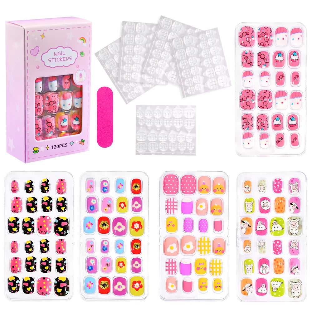 120pcs/box Pink Cartoon Children Press On Nails Candy Color Unicorn Cat Bunny Kids Full Cover False Nail Girls Party Nail Decora