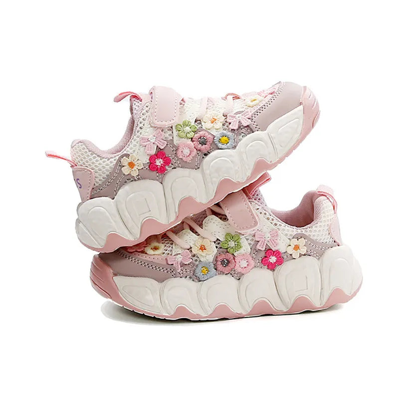 Girls Flowers Sports Shoes Children Princess Embroidered Running Shoes Air Mesh Girls Casual Sneakers Summer 2025 New.