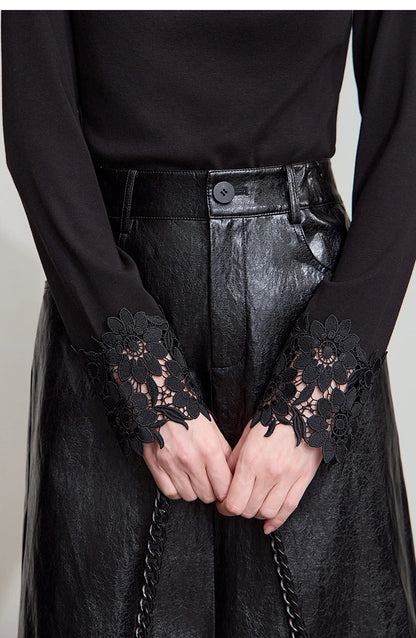 AMII Minimalist PU Leather Skirt For Women 2025 American Retro Knee-Length Skirt Solid Basics Business Women's Clothing 12553014