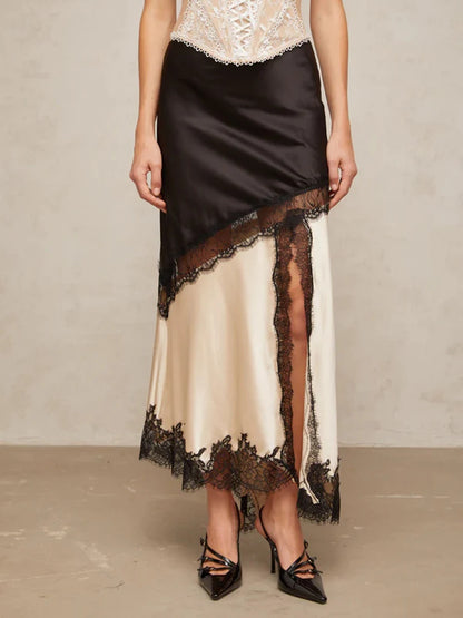 TWOTWINSTYLE Colorblock Slimming Fashion Midi Skirts for Women Patchwork Lace Temperament Skirt Female Elegant Clothing Style.