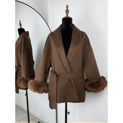 2025 Chic Lapel Plush Coat With Belt Women Vintage Faux Fur Sleeve Tweed Open Coats Female Autumn Winter Casual Street Outwear.