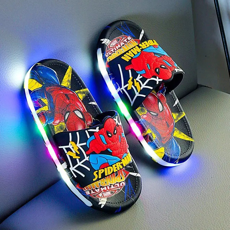 Disney Spider-Man Children's Slippers Non-slip Cartoon Light Soft Soled Slippers For Boys LED Light Luminous Children's Summer S.