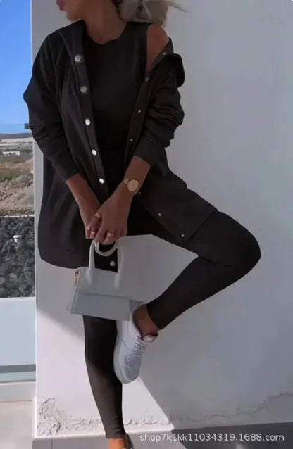 Women 3pcs Clothes Set Solid Color Sports Singel Breasted Shirt Jacket & Sleeveless Cami Tank Top & Slim Skinny Pants