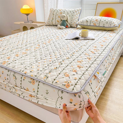Floral Fitted Sheet Queen Size Bed Cover Thicken Bedsheet Quilted Mattress Protector tampa de colchão (Pillowcase Need Order).