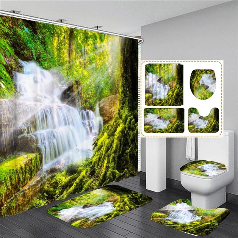 Wasserdichtes Duschvorhang-Set mit sonniger Waldlandschaft, wasserdichter Badezimmer-Toilettensitzbezug, Badewanne, rutschfeste Matte, Teppich, Baddekoration