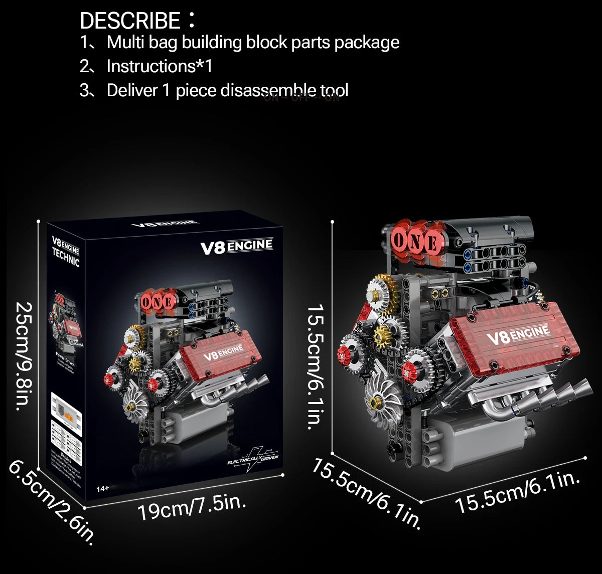 Brick V8 Engine Motorized Simulation Model Electrically Drive Building Blocks Technical Car Parts Creative Toys Gifts Boys Adult.