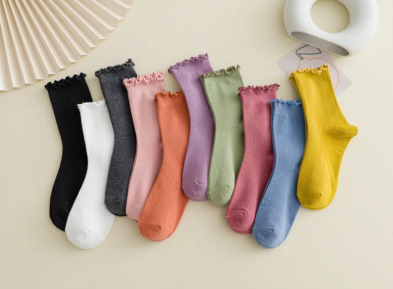 5 Pairs of Women's Solid Color Cotton Socks Japanese Style Ruffle Stacked Socks Cute Laciness Women's Long Socks.