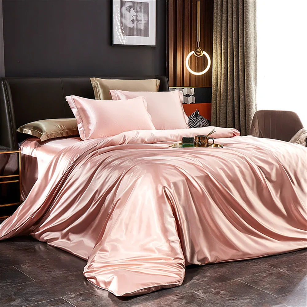 Solid Silk Bedding Set with Duvet Cover Bed Sheet Pillowcases Luxury Satin Single Double Bedsheet King Queen Twin Size.