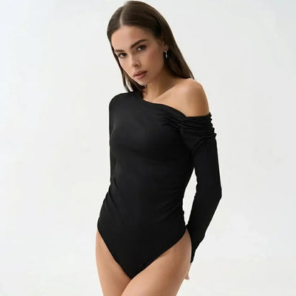 Fashionable Long Sleeve One Shoulder Pleated Romper Base Shirt T Shirt Women's Clothing Elegant Slim Fit Overall Fashionable Bas