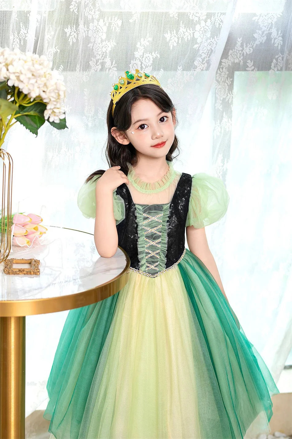 Anna Grünes Kleid Mädchen Spitze Tüll Elegantes Kleid Kinder Bühnenshow Prinzessin Kostüm Kinder Purim Cosplay Kleidung.