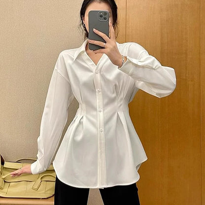 Waist Cinched Slimming Long Sleeve Shirts Women Spring Autumn All-Match Single Breasted Chic Shirt New Temperament Solid Tops.