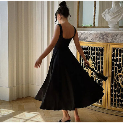 Schwarzes A-Linien-Langkleid für Damen, elegant, quadratischer Ausschnitt, plissiert, ärmellos, Sling-Maxikleider, 2025, Sommer-Dame, Urlaub, Party, Roben