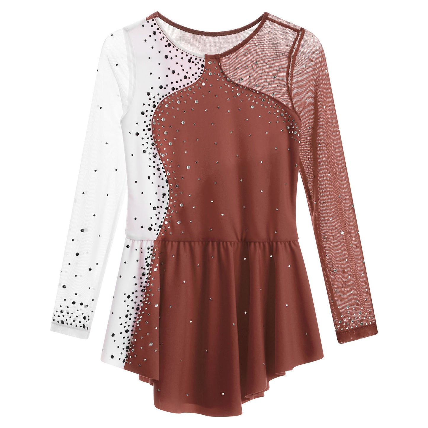 6-16Y Mädchen Eiskunstlauf Tanz Kleid Ballett Gymnastik Trikot Langarm Shiny Strass Sheer Mesh Leistung Dancewear