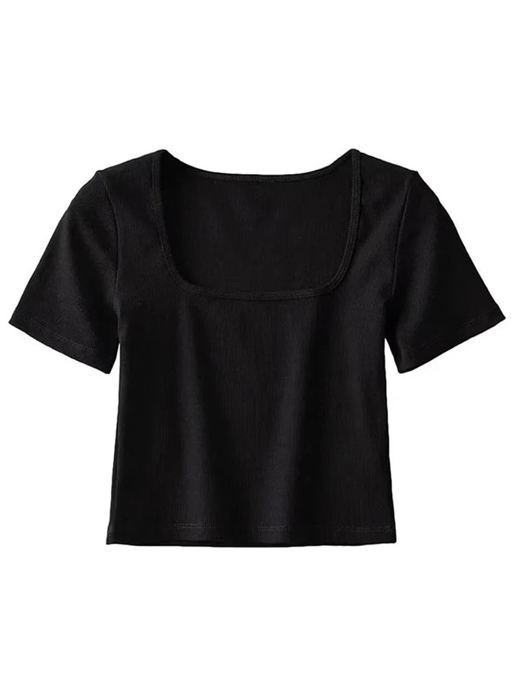 Frauen quadratischen Hals Rippe Ernte T-Shirt Kurzarm Crop Top