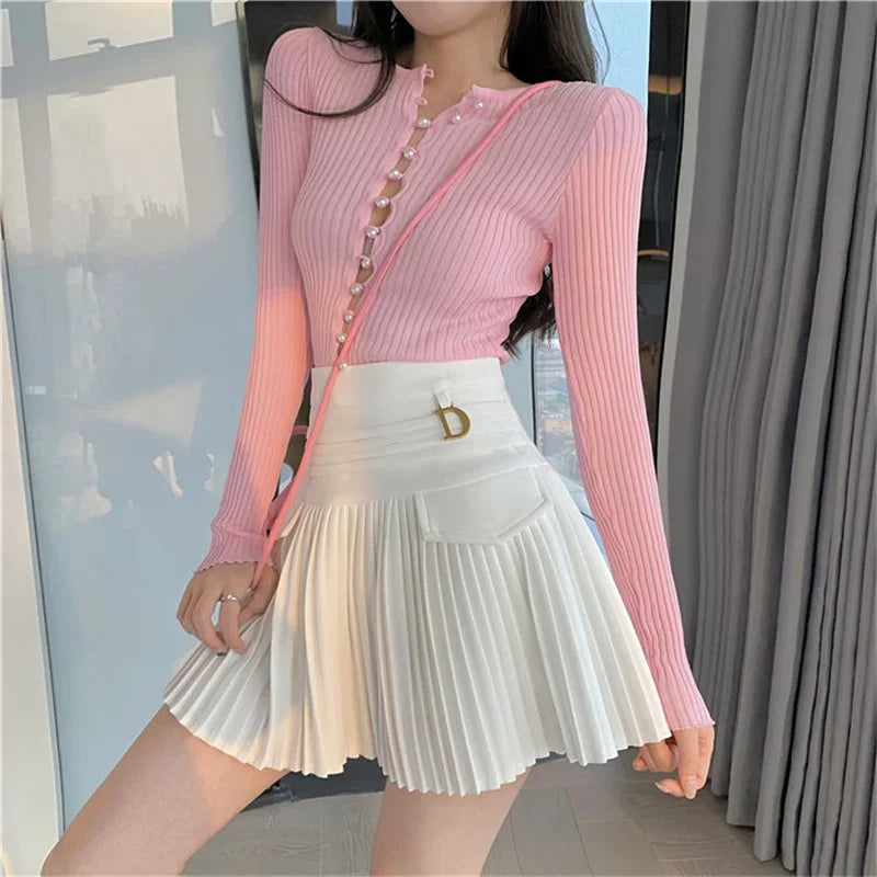 White Pleated Skirt Women  High Waist Skater Skirt Female Korean A-Line High Fashion Casual Short Skirt Women Bottoms.
