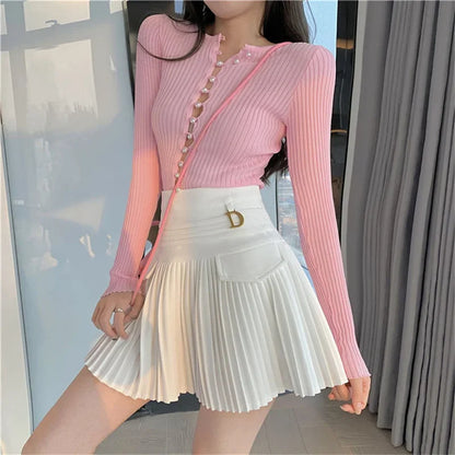White Pleated Skirt Women  High Waist Skater Skirt Female Korean A-Line High Fashion Casual Short Skirt Women Bottoms.
