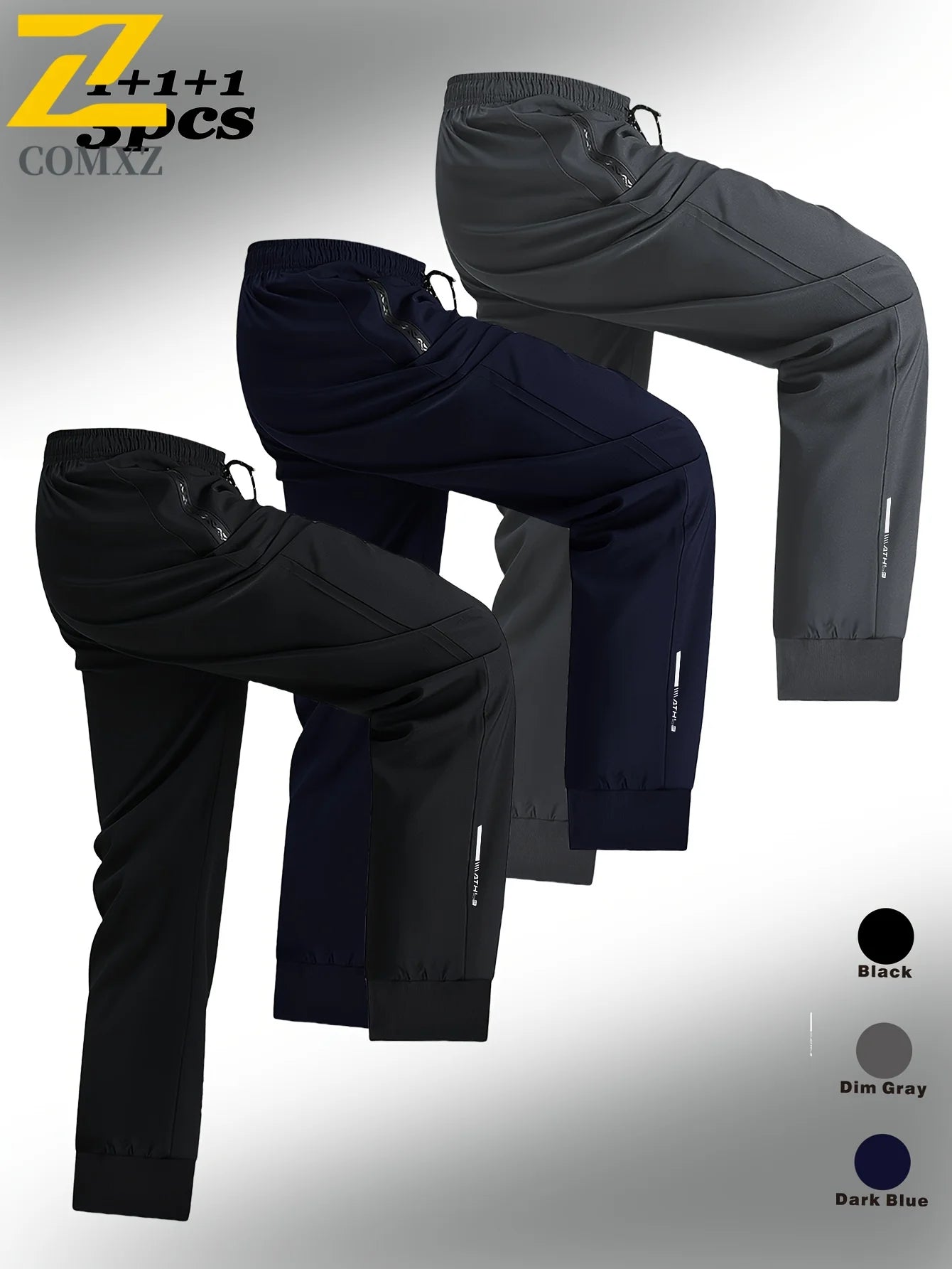 3 Pack Mens Jogger Pants Zipper Ankle Cuff Slim Fit Stretch Casual Running Lounge Sweatpants Trousers for Gym Workout Training.