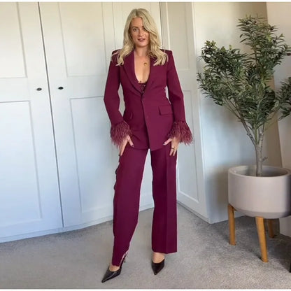 Straße frauen Feder Anzug Blazer Hosen Set Revers Schulter Pads Volle Hülse Jacken Taschen Gerade Hose 2025, Herbst dame Anzug