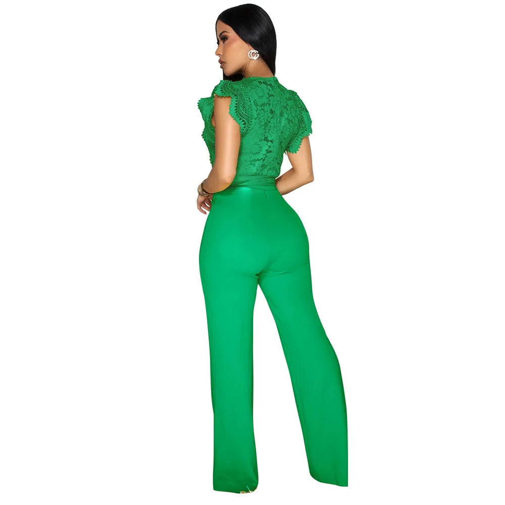 Summer Fashion Lace High Waisted Jumpsuit Women Elegant OL Lace Sleeveless Waistband Straight Jumpsuit Women