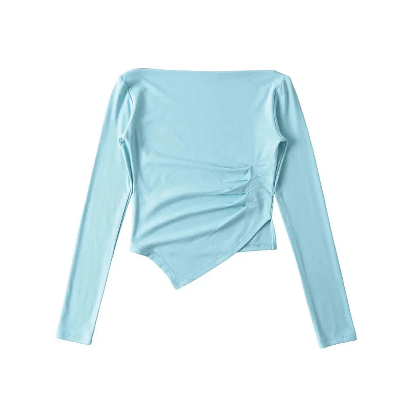 Slim Fit Long Sleeve T-Shirt Women's Shoulder Bared One-Shoulder Design Crease Asymmetrical Pure Desirable Spicy Girl Style