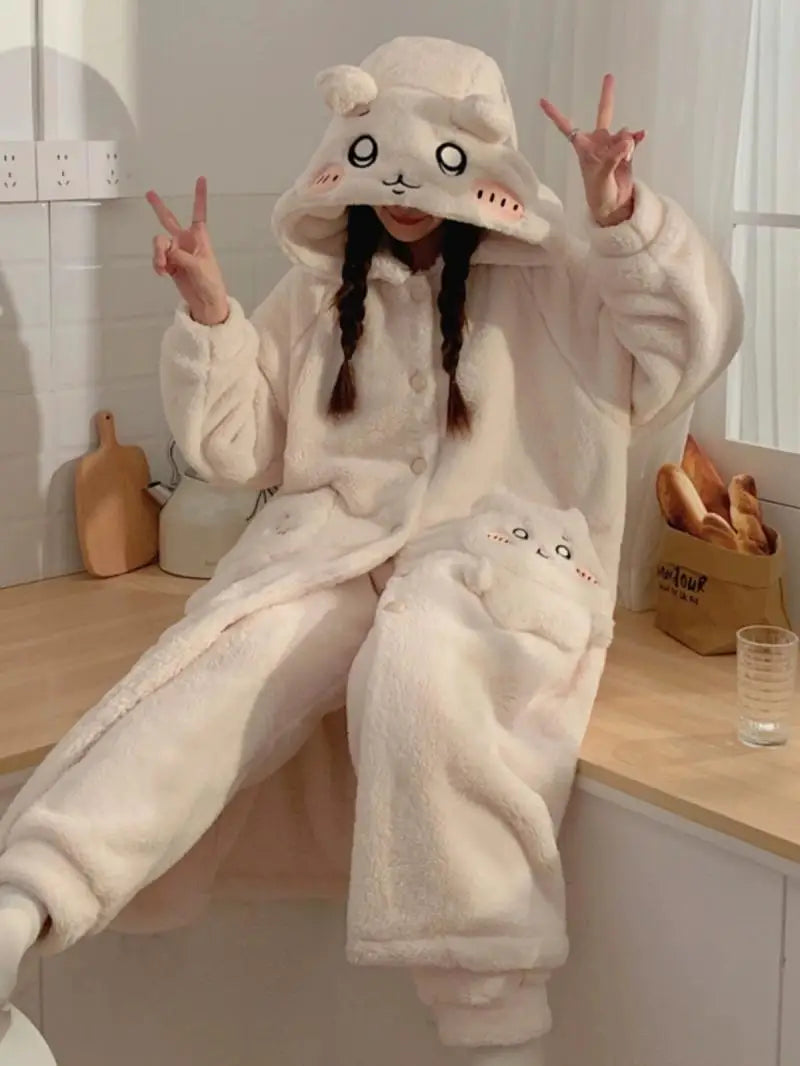 Kawaii Chiikawas Pajamas Coral Velvet Home Wear Long Length Nightgown Thick Cardigan Pant Cartoon Cute Girl Casual Home Clothing.
