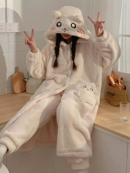 Kawaii Chiikawas Pajamas Coral Velvet Home Wear Long Length Nightgown Thick Cardigan Pant Cartoon Cute Girl Casual Home Clothing.