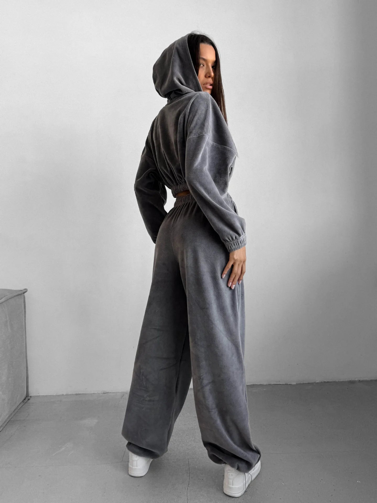 Fall Winter Women's Fashion Hooded Stand Collar Sweatshirt Set Casual Loose Fit Two Piece Streetwear Lounge Gym Ourdoor Outfit.