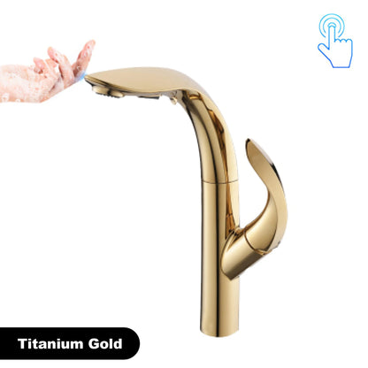 Luxury brass gold touch switch kitchen faucet pull-out design 1 hole single handle hot and cold water sink 2 function Mixer