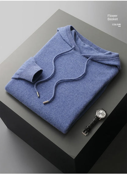 100% Cashmere Sweater Men's Ready-To-Wear Hooded Knitted Pullover Autumn Winter Long Sleeved Sweater Casual Sports Hoodie Top
