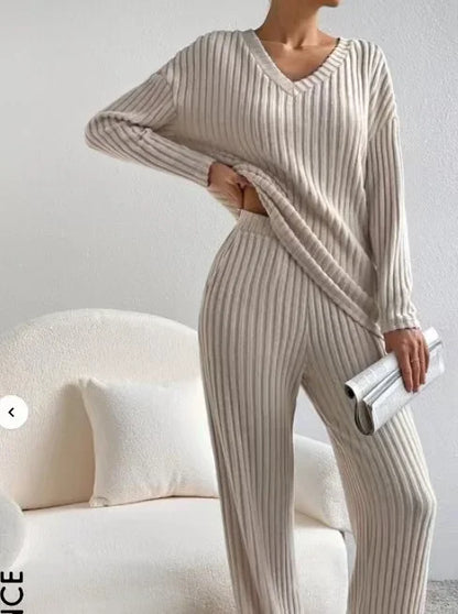 Women's Pajamas Autumn Winter New Casual Straight Pants Pullover Sleepwear Loose V Neck Knitted Home Wear Two Piece Loungewear.