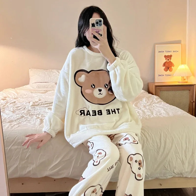 Thickened Warm Sleepwear for Winter Cartoon Flannel Pajamas Homewear Women Velvet Coral Velvet Cartoon Bear Nightwear Loungewear.