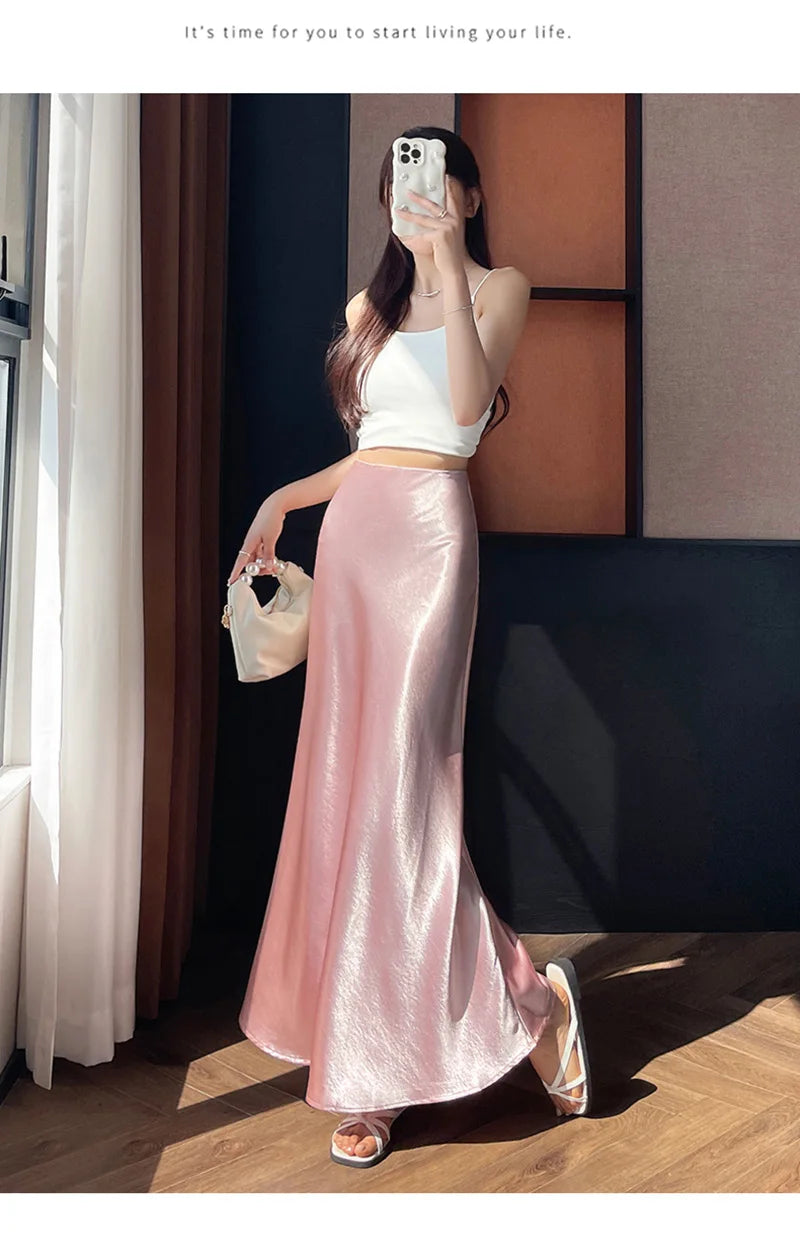 Zoki Chic Satin Elegant Long Skirt Women Casual Fashion High Waist Sweet Trumpet Skirts Slim Summer Female Korean Long Skirts.