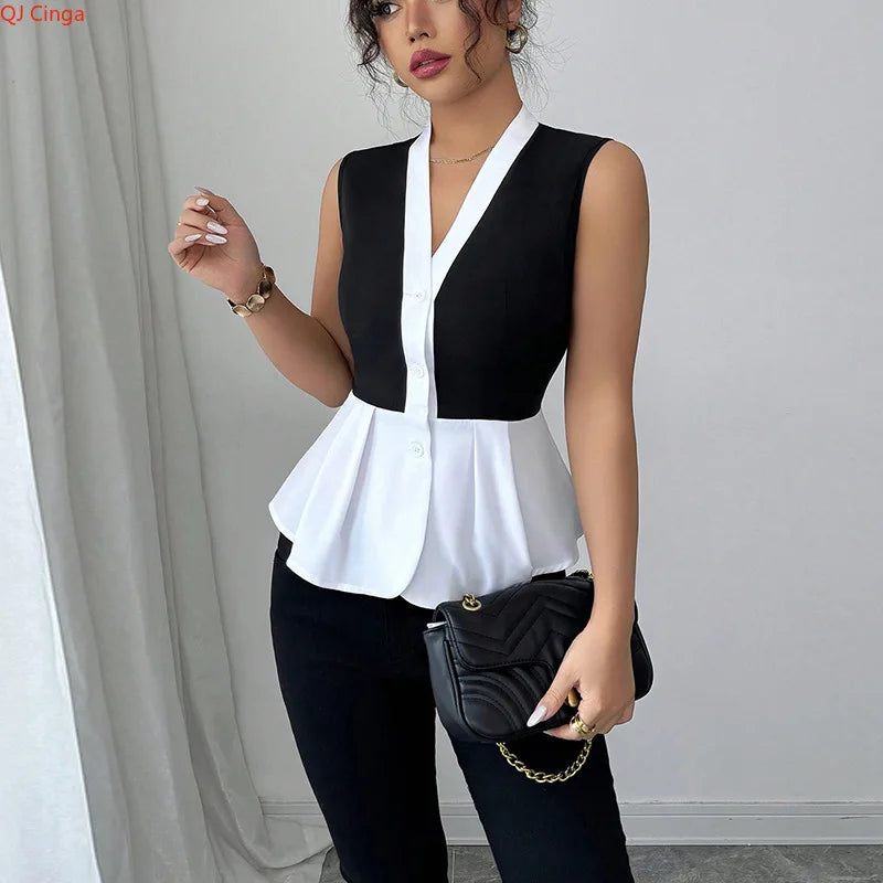 New Fall Women's Sleeveless Shirt, Black and White Block-Colored V-Neck Shirts, Asian Sizes S-XL..