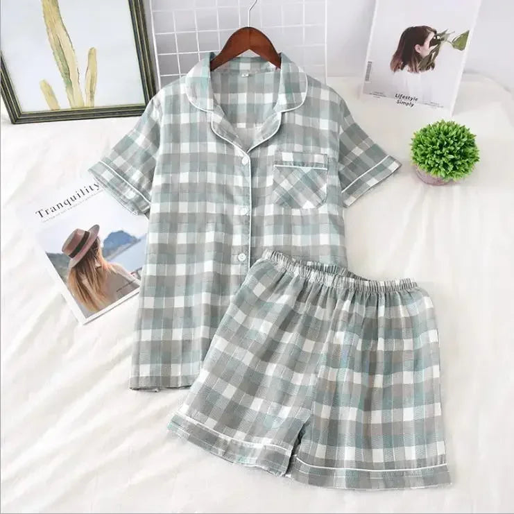 Japanische einfache kurze Pyjamas Frauen 100 % Baumwolle kurze Ärmel Damen Pyjama Sets Shorts süße Cartoon Nachtwäsche Frauen Homewear
