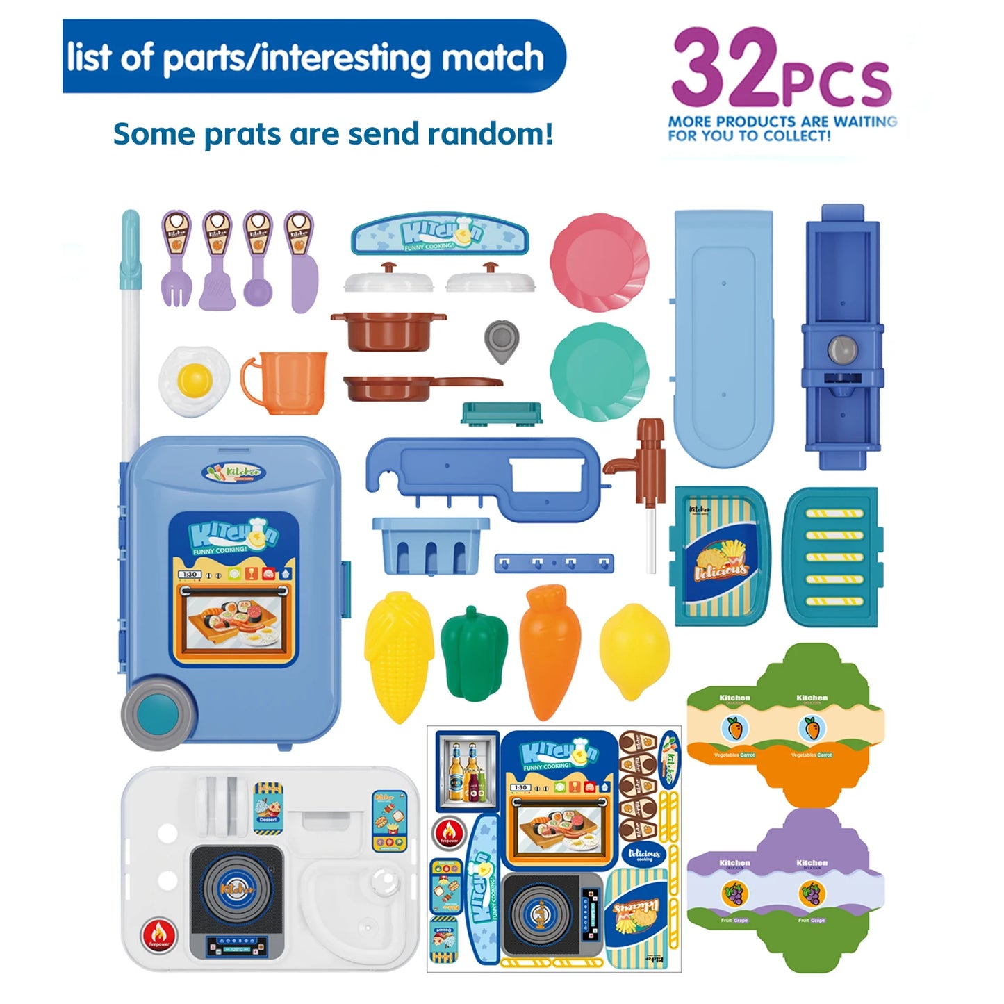 Mini 3-in-1 Kitchen Set Toy Kitchen Pretend Play Integrates Storage Boxes and Tableware Sets Portable Suitcase Cooking Kits Toys.