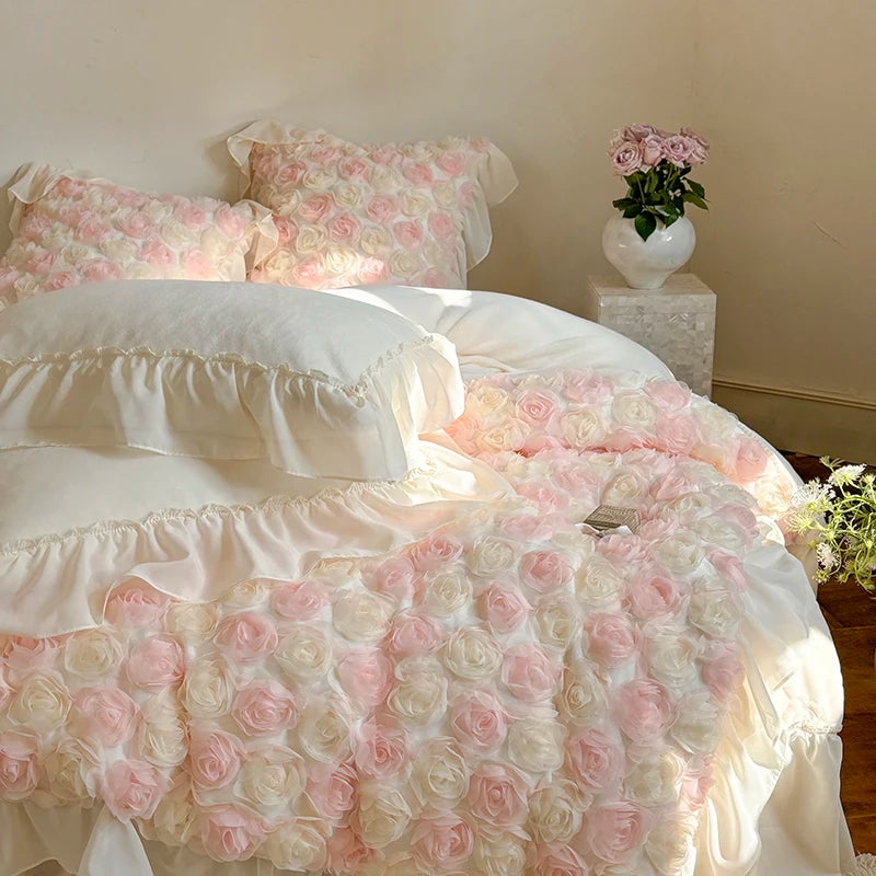 Three-Dimensional Rose Flowers Lace Ruffles Princess Wedding Bedding Set Warm Milk Velvet Duvet Cover Bed Sheet Pillowcases 4Pcs.