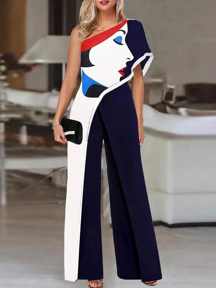 Colorful Ladies Face Print Slim Jumpsuits Summer Off Shoulder Diagonal Collar Sexy Rompers Women Loose Straight Wide Leg Pants.