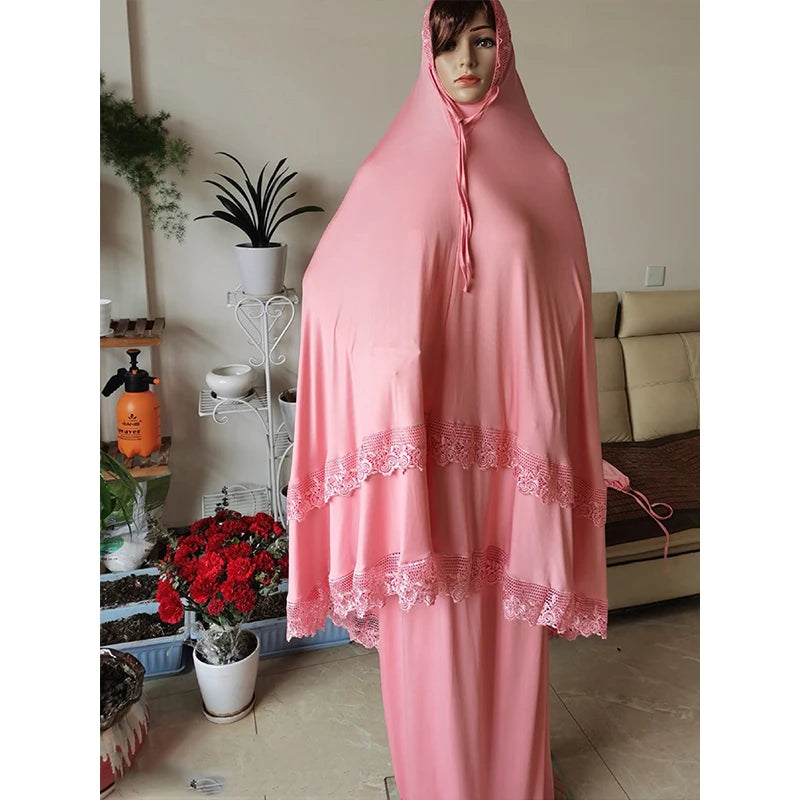 Ramadan  Long Khimar Muslim Abaya Women Prayer Garment Saudi Prayer Dress Lace Trim Silky 2 Piece Skirt Sets Eid Niqab jilbab.