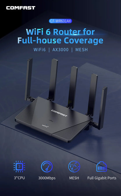 Comfast AX3000 WiFi6 Mesh System Wireless Router 5*5 dBi Antennas Wifi6 Mesh WiFi Router Easy Mesh/Andlink Gigabit Network Ports.
