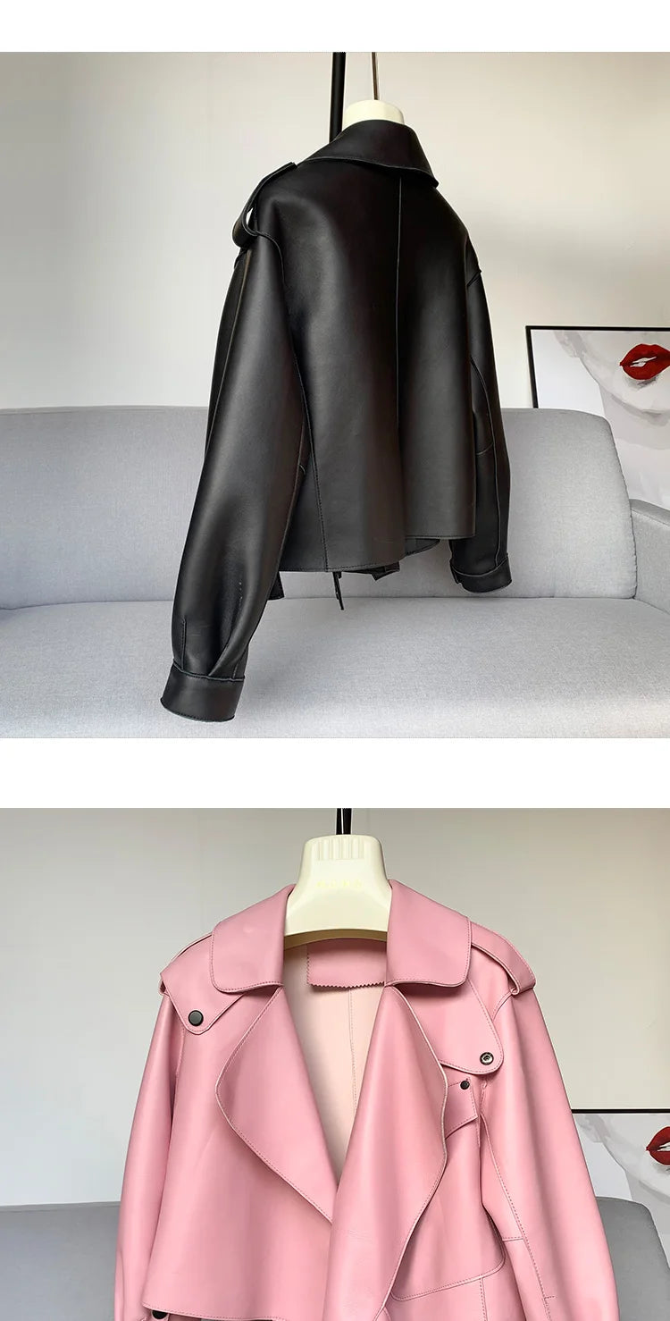 Schaffellmantel für Damen, Lederjacke, Winter, Frühling, Moto, Biker, echt, Top-Qualität, Schwarz.