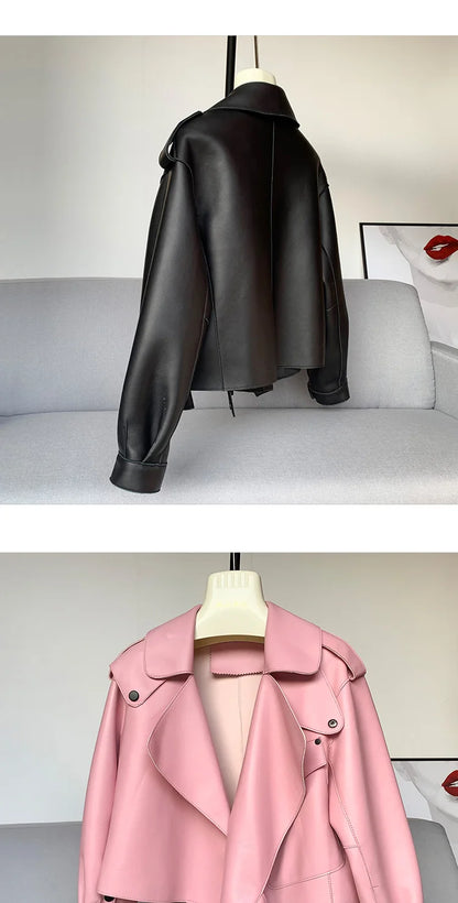 Schaffellmantel für Damen, Lederjacke, Winter, Frühling, Moto, Biker, echt, Top-Qualität, Schwarz.