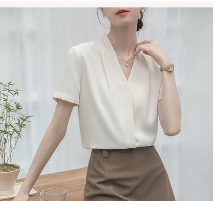 2025 Fashion Summer Short Sleeve V-Neck Women Blouse White Blouse Shirt Women Tops Blouses Shirts Blusas Para Mujer Camisas XL86