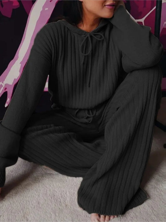 Autumn New Knitted Cotton Sliver Hooded Women's Long Pants Suit Casual Fashion Drawstring Lace Up Pants Female 2 Piece Set 2025.